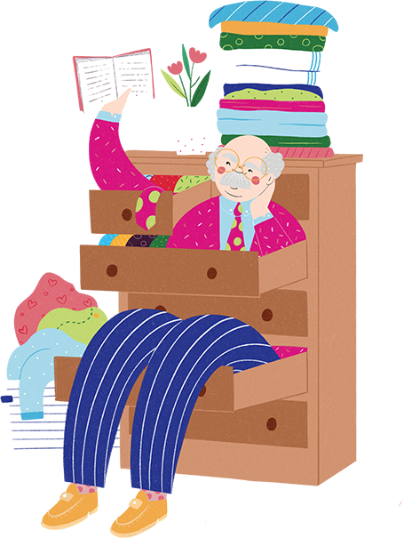 Illustration of a man sitting on a chest of drawers reading a book