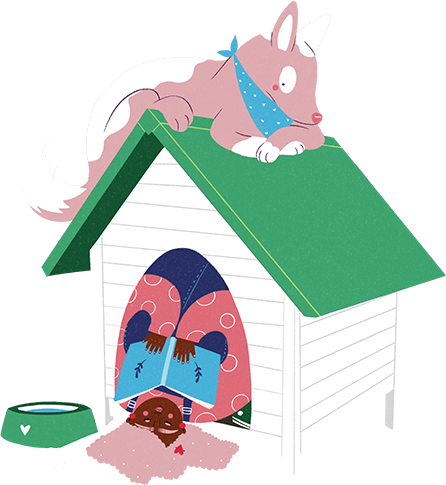 A woman reads upside down squeezed into a doghouse with a dog sitting on top of the doghouse