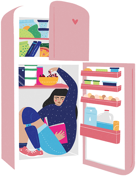 A woman with a prosthetic leg sits in an open fridge holding a book in one hand and reaching for sweets with the other
