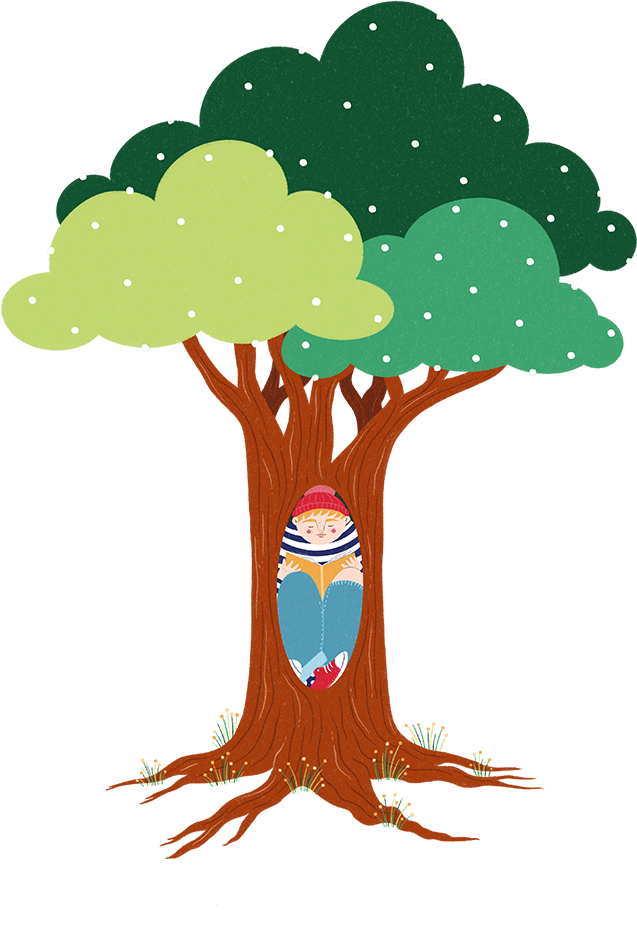 A boy sits squeezed into the knot hole in a tree reading a book wearing a red hat, striped jumper and jeans